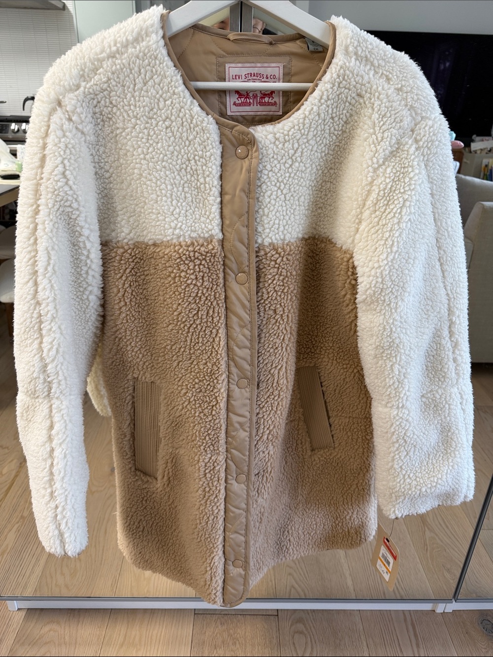 Levi's Cream and Tan Colorblock Sherpa Puffer Coat